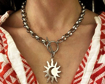 Sun Moon Pendant Necklace, Silver Tone Rolo Chain, Steel Toggle Clasp