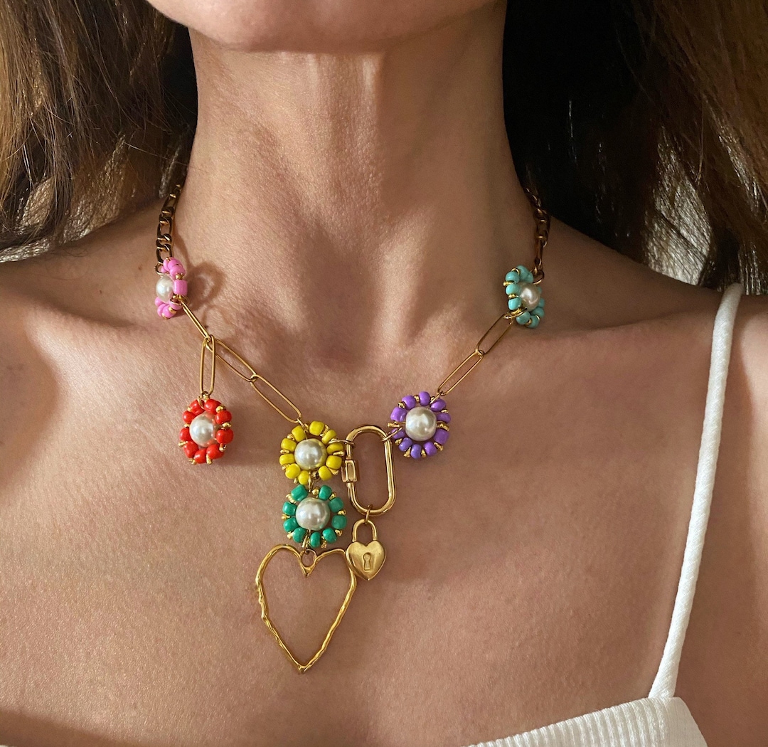 Flower Charm Necklace, Gold Chain Necklace With Beaded Charms, Y2k