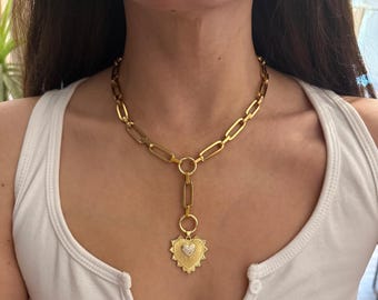 heart lariat necklace , char holder chain , convertible paper clip  chain