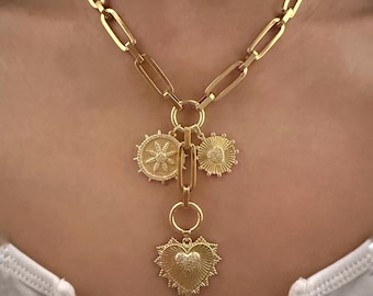 Multi charm chain necklace,  heart lariat necklace , convertible charms holder chain