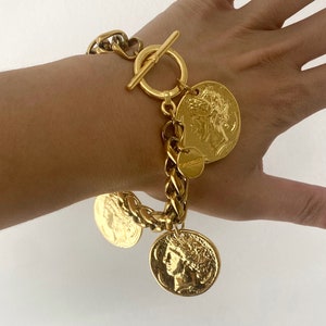 coin bracelet for woman, toggle chunky bracelet with coins, large gold tone bracelet, multi charm heavy  bracelet, big coin bracelet
