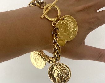 coin bracelet for woman, toggle chunky bracelet with coins, large gold tone bracelet, multi charm heavy  bracelet, big coin bracelet