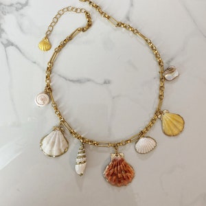 Natural clam charms necklace, large shell charms necklace, chunky gold chain necklace with various shells, shells necklace, mermaid jewelry image 8