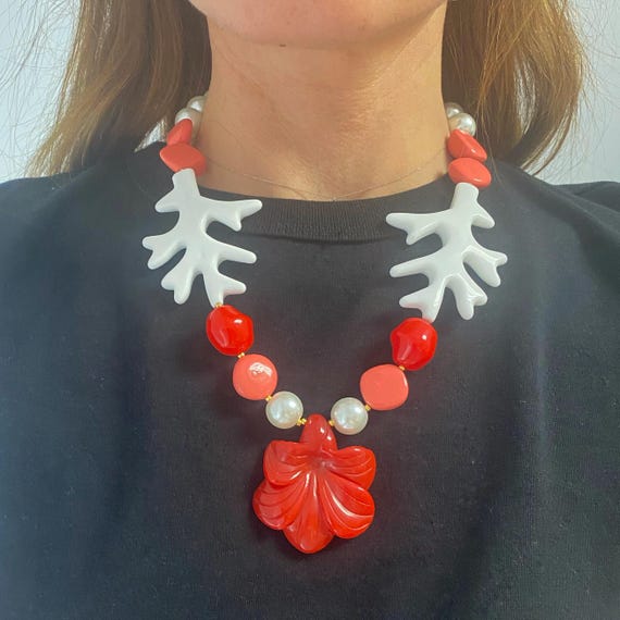 Oversized Floral Statement Necklace, Red Glass Flower, Coral  display picture 1