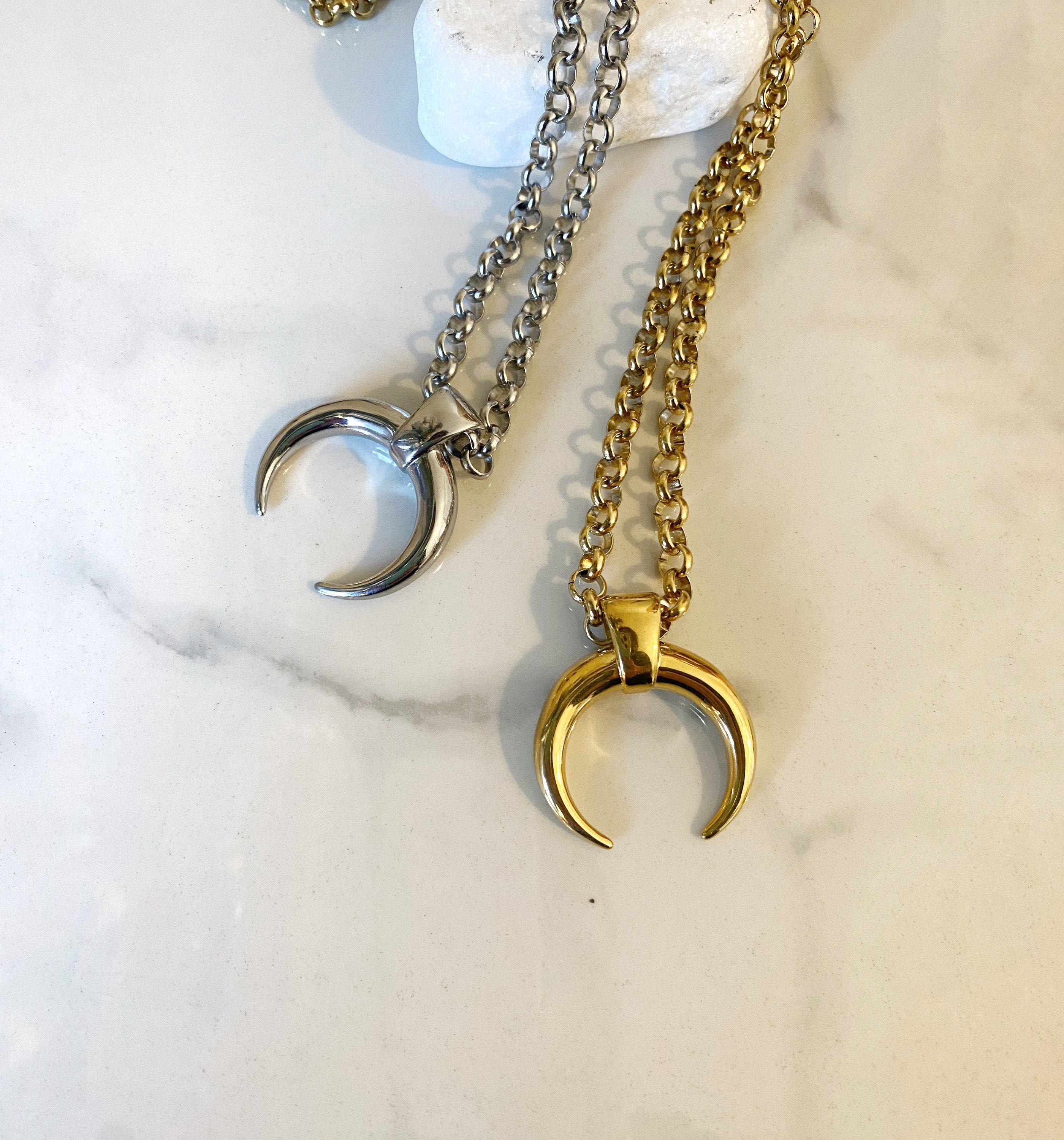 Upside Down Silver Crescent Pendant on Bronze Ball Chain