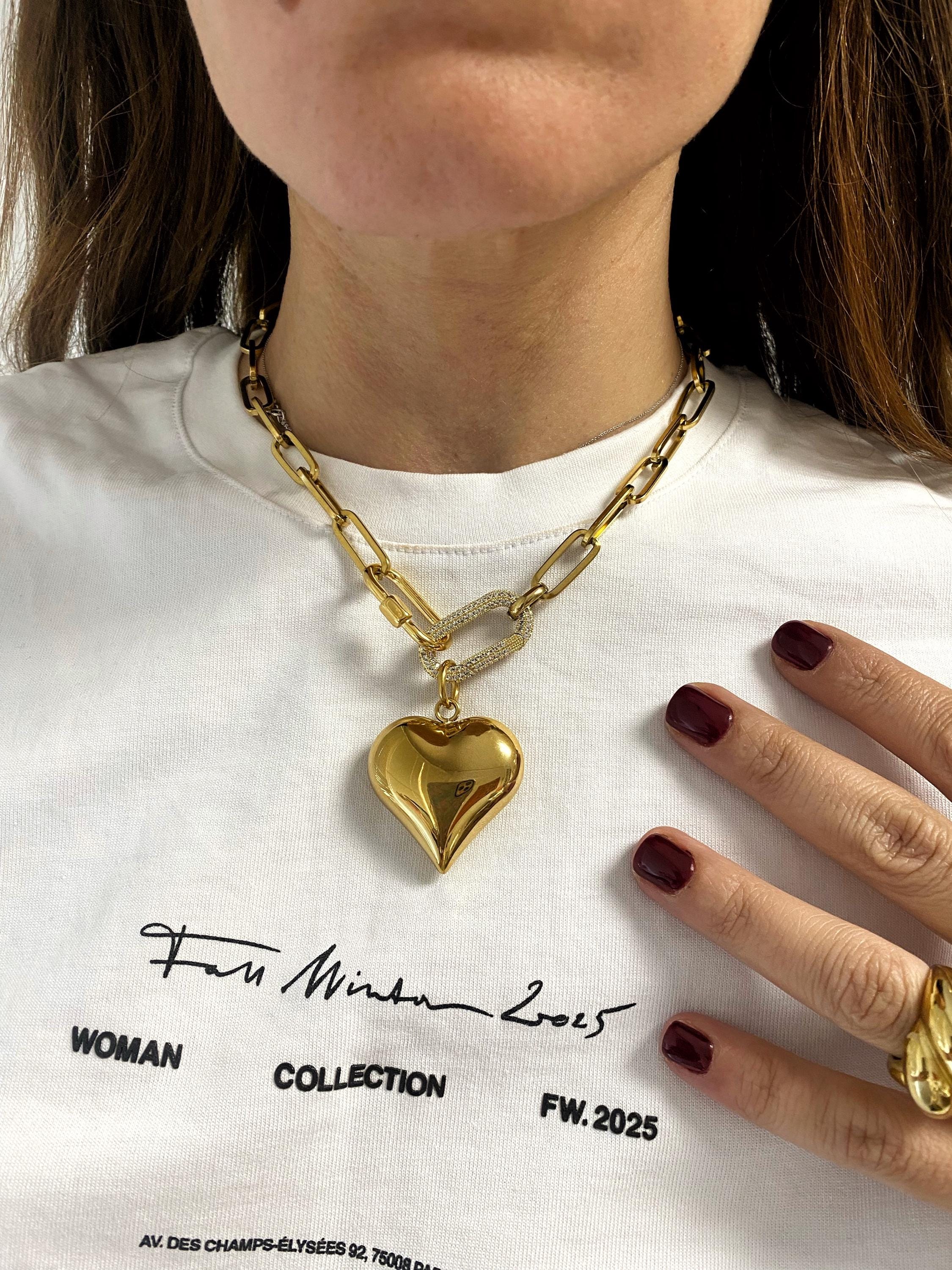 Puffy Heart Necklace, Carabiner Zircons Lock Necklace, Paperclip Chain Necklace, Gold Heart Necklace. Chunky Jewelry for Woman - Etsy Puffy Heart Necklace, Carabiner Zircons Lock Necklace, Paperclip Chain Necklace, Gold Heart Necklace. Chunky Jewelry for Woman - Etsy