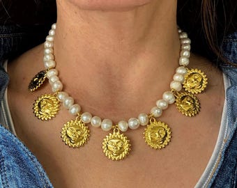 Pearl Sun Charm Necklace: 24k Gold Plated Summer Jewelry