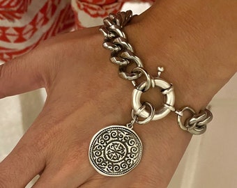 Coin bracelet, Big silver bracelet, thick steel chain bracelet, large silver bracelet, chunky silver bracelet, statement jewelry