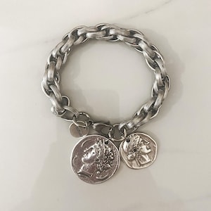 coin bracelet for women , chunky silver tone chain bracelet, two coin bracelet, oversized coin charm bracelet, bulky statement jewelry