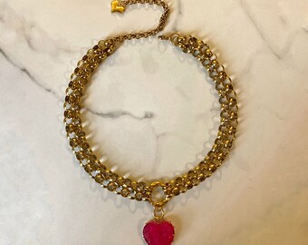 Hot Pink Heart Necklace, Chunky Heart Collier, Fuchsia Heart