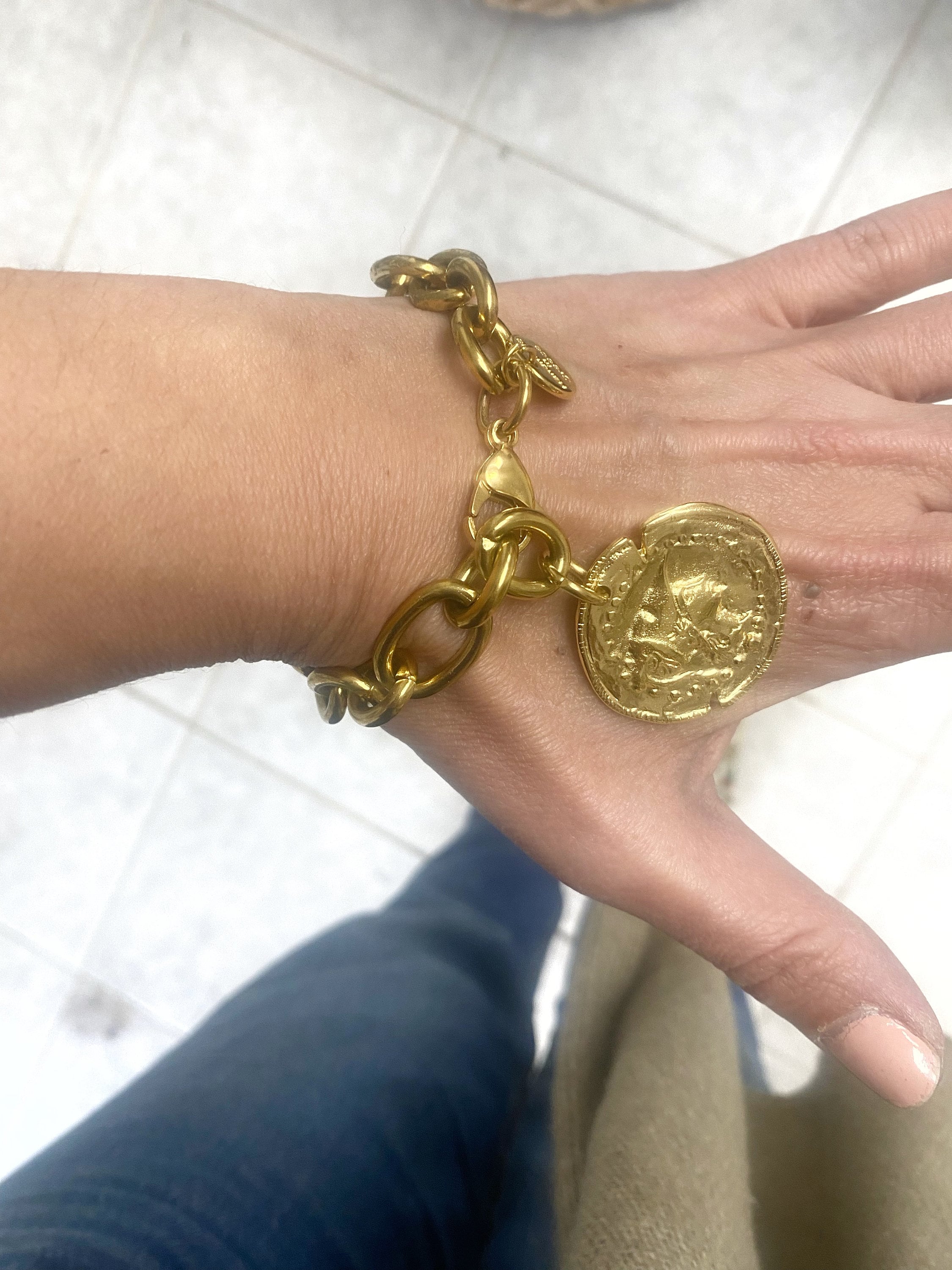 Coin Bracelet for Woman, Huge Gold Tone Coin Bracelet, Big