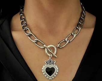 Sacred Heart Pendant Necklace, Silver Chain, Black Enamel