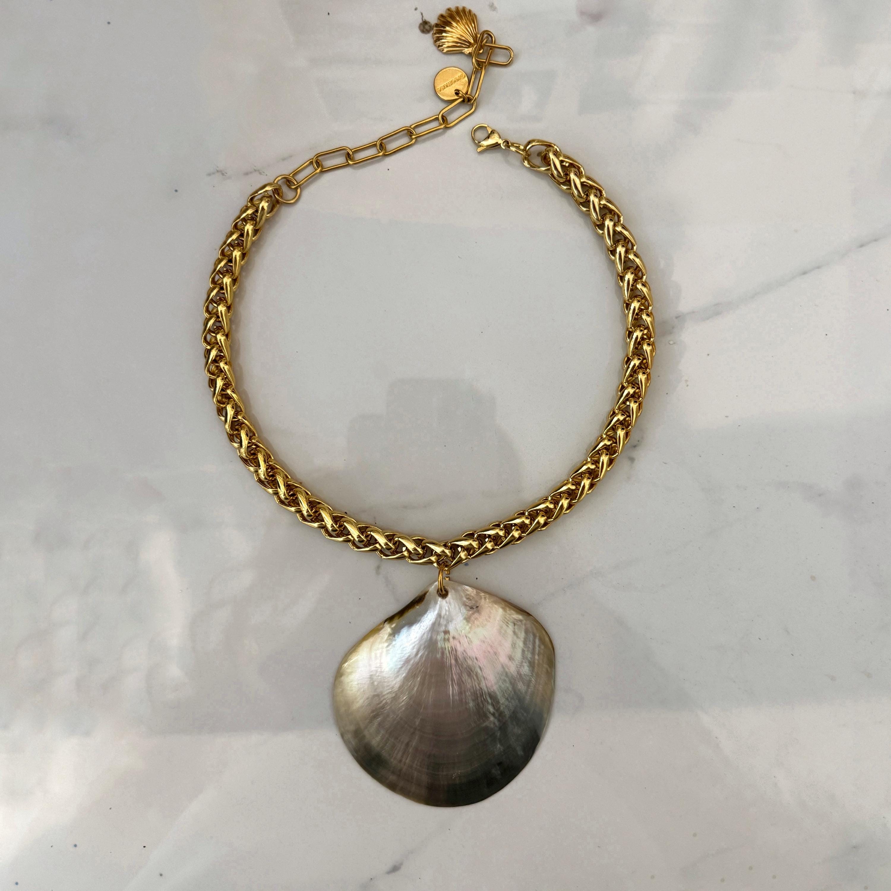Shell Decorated Chain Shell Pendant Necklace, Gold Tone Bold Chain With Large Shell , Summer ...