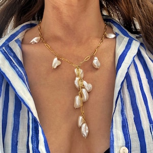 irregular imitation pearl charms necklace, y lariat bridal necklace, dangling necklace for woman, summer jewelry, wedding jewelry