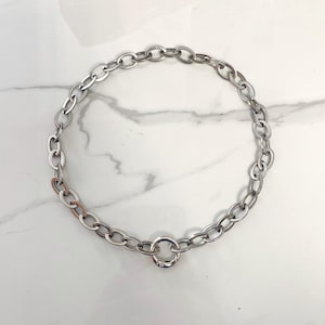 Chunky silver tone necklace, steel  chain necklace with round locker, circle closure necklace, chunky modern unisex jewelry