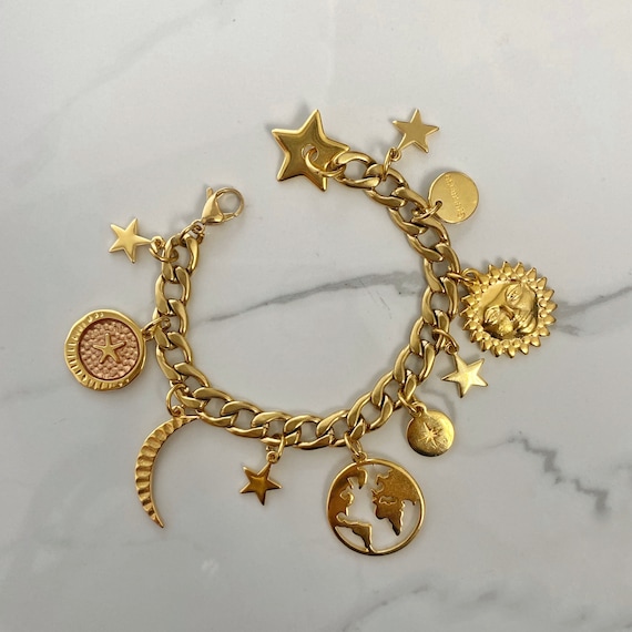 Moon Star Charms Bracelet, Gold Tone Multi Charm Bracelet, Sun