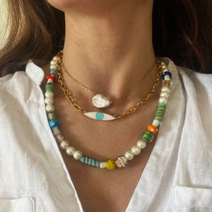 mushroom bead necklace, baroque style mother of pearl shell charm choker, pearl chain necklace, Y2k style , 90s aesthetic, evil eye necklace