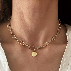 Heart charm necklace, gold paper clip necklace, gold chunky link steel chain necklace, modern gold choker, everyday jewelry