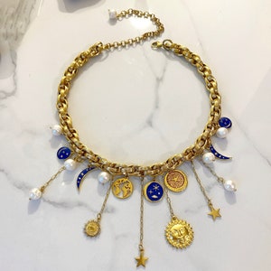 gold charm necklace, moon sun necklace, multi charms Bracelet, half moon necklace, chunky gold bracelet, many different charm necklace image 2