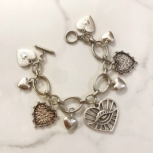 Heart charms bracelet, silver tone  heart bracelet, toggle chunky bracelet, big large  bracelet, retro style bracelet,