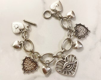 Heart charms bracelet, silver tone  heart bracelet, toggle chunky bracelet, big large  bracelet, retro style bracelet,