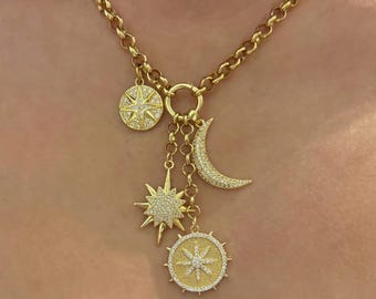 Multi charm chain necklace, star moon charms necklace