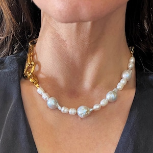 Baroque pearl necklace, Half chain half pearl necklace, short chunky necklace with freshpearls, aesthetic modern jewelry