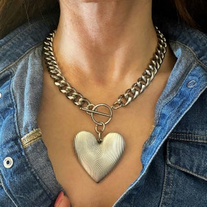 Silver Heart necklace, xl large oversized heart pendant necklace, 90s aesthetic jewellery, silver very big necklace, giant heart necklace