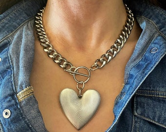 Silver Heart necklace, xl large oversized heart pendant necklace, 90s aesthetic jewellery, silver very big necklace, giant heart necklace