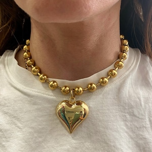 Heart necklace, gold heart necklace, puff heart pendant, ball chain with puffed heart, chunky heart choker