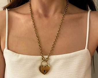 heart necklace, padlock pendant necklace, gold long necklace, large real padlock necklace, big heart necklace, gold heart necklace