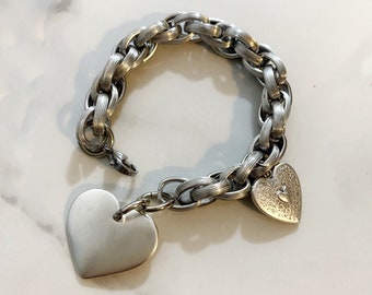 Heart charm bracelet, silver heart bracelet, large silver bracelet, chunky steel chain bracelet, big silver  bracelet, y2k aesthetic