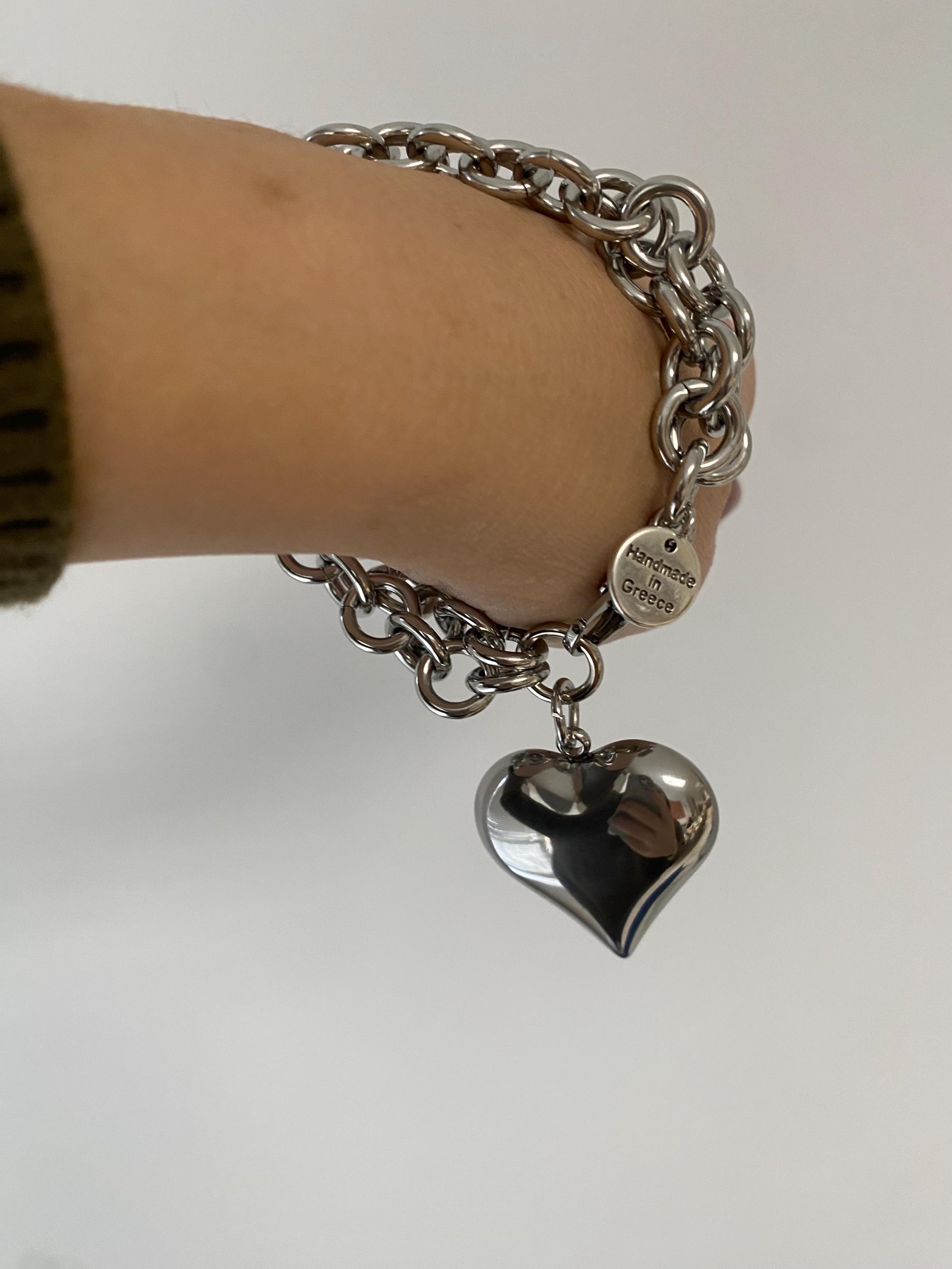 Heart Bracelet for Woman, Large Puffy Heart Bracelet, Silver