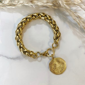 coin charm bracelet, chunky chain bracelet with charm, statement bracelet, big coin bracelet, retro old style bracelet, gold tone bracelet image 2