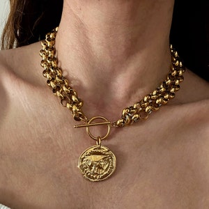 Chunky coin necklace, gold tone Athina medallion charm necklace, double large chain necklace, toggle choker, oversized coin necklace