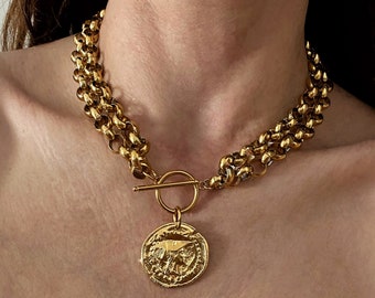 Chunky coin necklace, gold tone Athina medallion charm necklace, double large chain necklace, toggle choker, oversized coin necklace