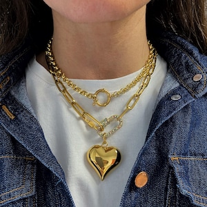 Puffy heart necklace, zircon carabiner necklace, paperclip chain necklace, gold heart necklace, spring clasp necklace, gold simple necklace