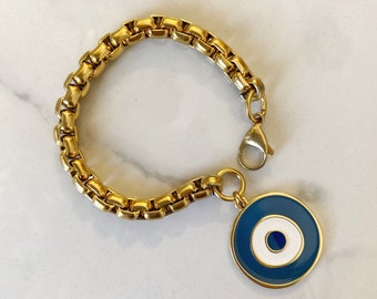 Evil eye bracelet, gold blue coin bracelet, Chunky gold bracelet, square steel chain bracelet, aesthetic jewelry, thick bulky jewelry