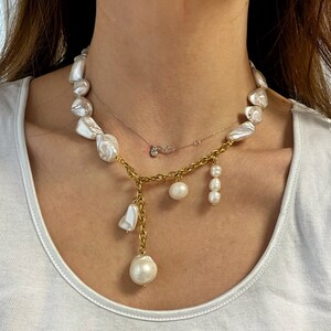 thumbnail image 2 of White Shell Pearl Multilayer Choker Collar Necklace – 16", Gold Plated, Baroque Style 2 of 5