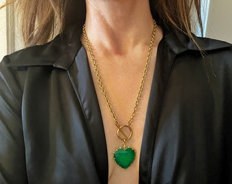Collier coeur vert, grand collier coeur, grand pendentif coeur, sautoir pour femme, cadeau pour femme, gros bijoux tendance,