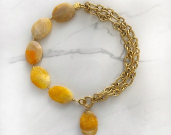 Oversized yellow necklace, huge half beads half chain necklace, necklace, large gemstone summer necklace, necklace for woman