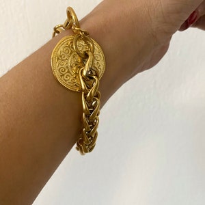 coin charm bracelet, chunky chain bracelet with charm, statement bracelet, big coin bracelet, retro old style bracelet, gold tone bracelet image 9