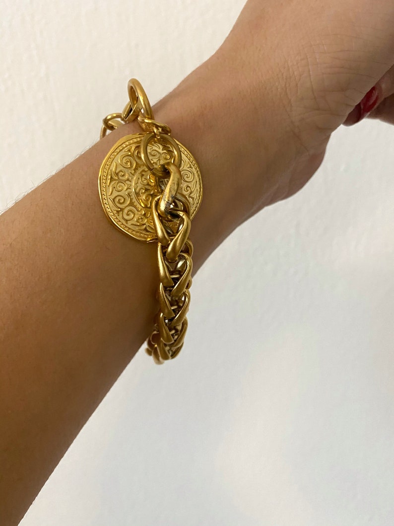 coin charm bracelet, chunky chain bracelet with charm, statement bracelet, big coin bracelet, retro old style bracelet, gold tone bracelet image 9