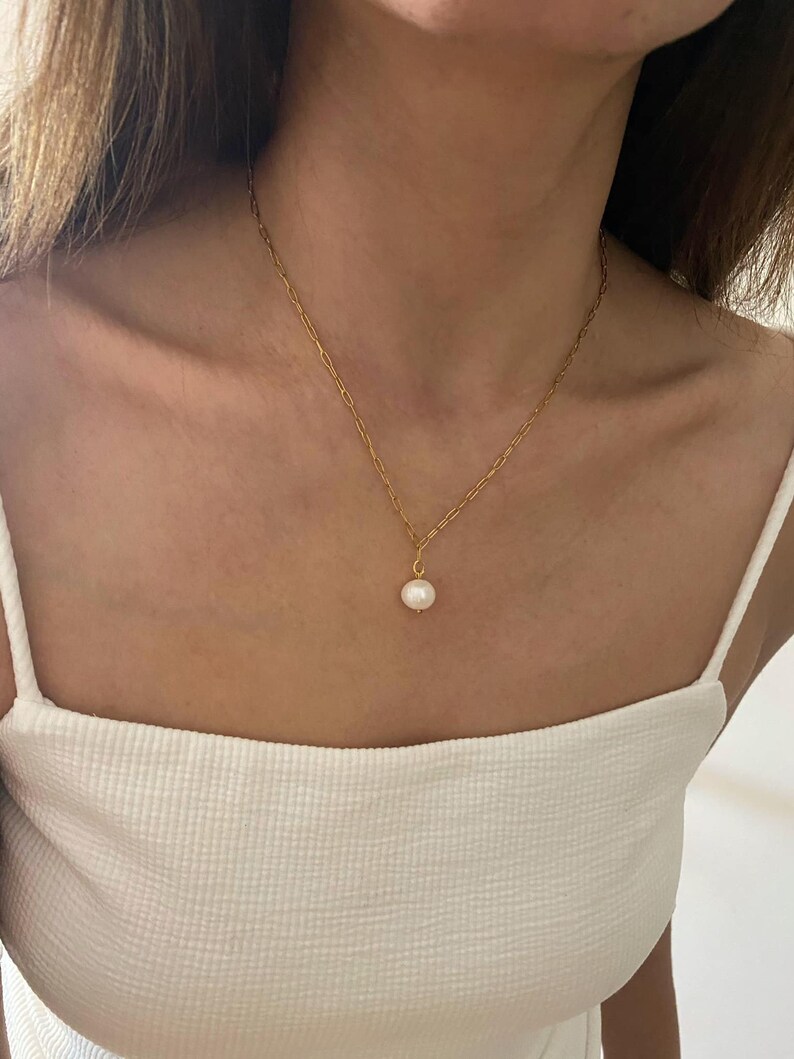 Pearl charm necklace, elegant chain with fresh pearl pendant, necklace for woman, bridal necklace, chain necklace, minimal necklace image 7