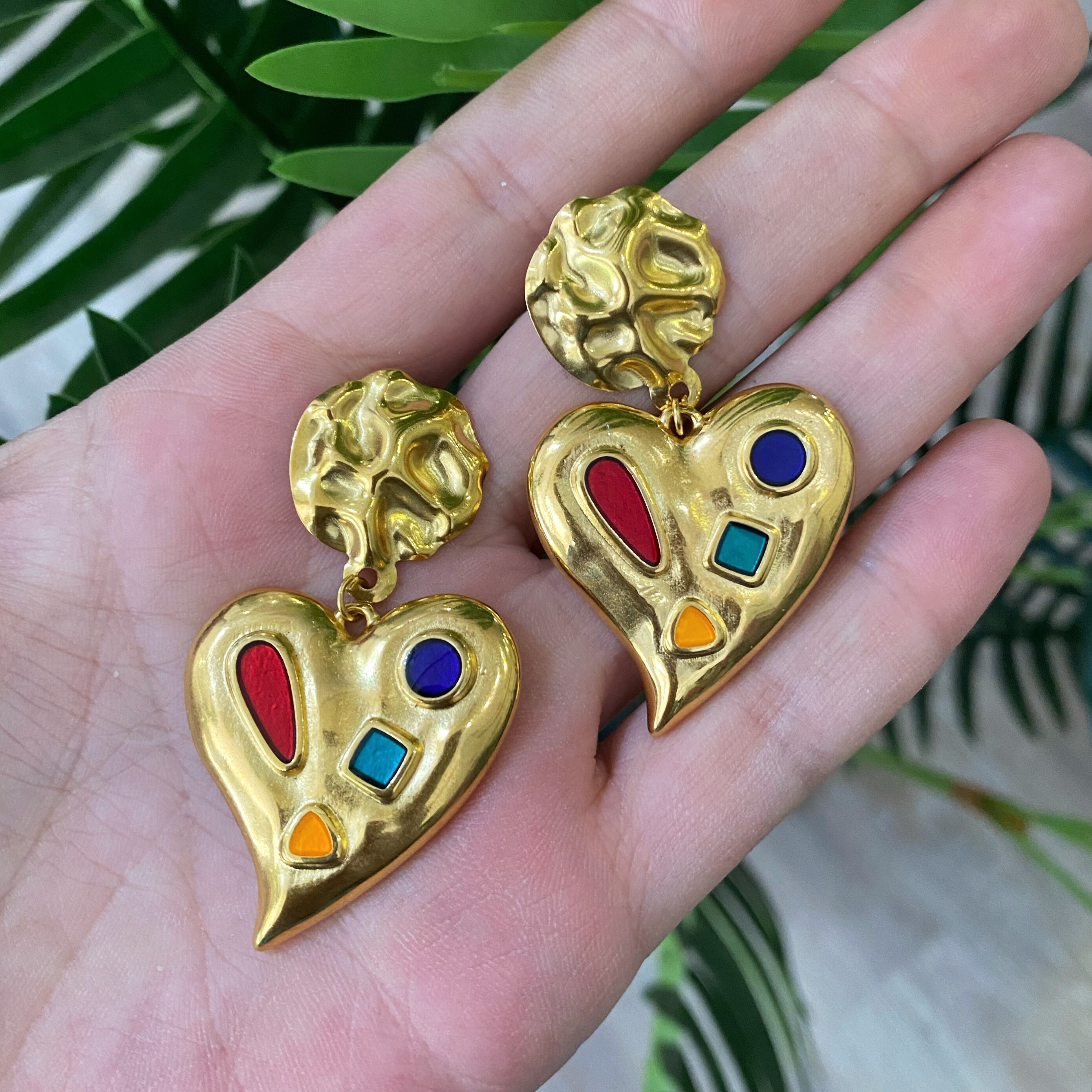 Boucles D'oreilles Cœur émail Cloisonné Couleur Or - Bijou Vintage N°706 - Occasion Impeccable