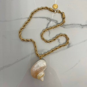 May include: A gold chain necklace with a large seashell pendant. The seashell is white with pink and yellow stripes.