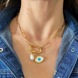 Gold evil eye necklace, paper clip link chain necklace with charm, steel chain necklace, gold carabiner link chain necklace