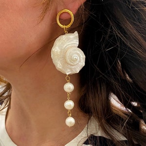 shell earrings, natural shell earrings, seashell jewelry, mermaid core, long  wedding earrings, real pearl bridal jewelry, summer beach