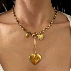 Gold tone heart necklace, heart charms necklace, steel chain necklace with charms, toggle necklace, Valentine’s Day gift, y heart necklace