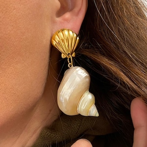 Large shell Earrings: 24k Gold Plated, Boho Mermaid Jewelry